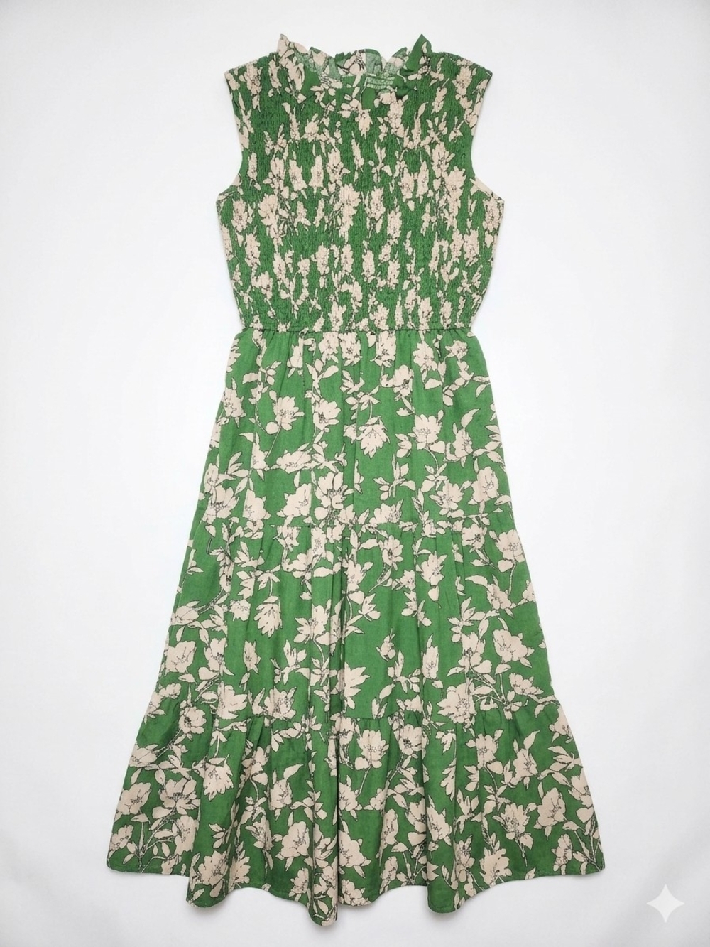 Green Floral Maxi Dress with Smocked Bodice